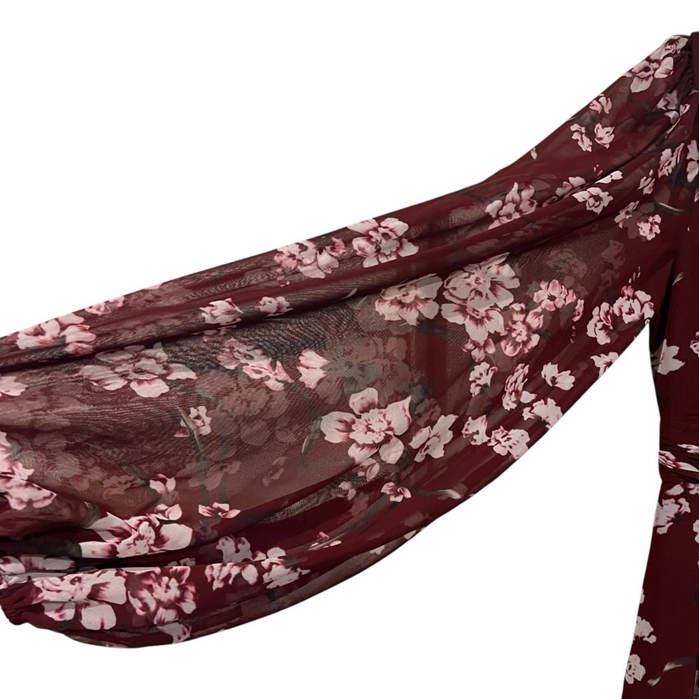 MacDuggal Floral Chiffon Formal Maxi Gown Dress 2 XS Dark Red Long Sleeve - Picture 5 of 9